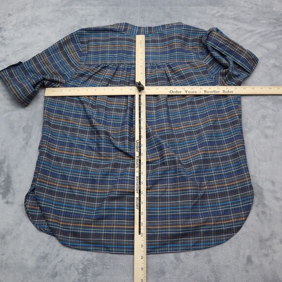 MLM Label Shirt Womens Multicolor Short Sleeve Vneck Button Plaid Blouse - Picture 6 of 16